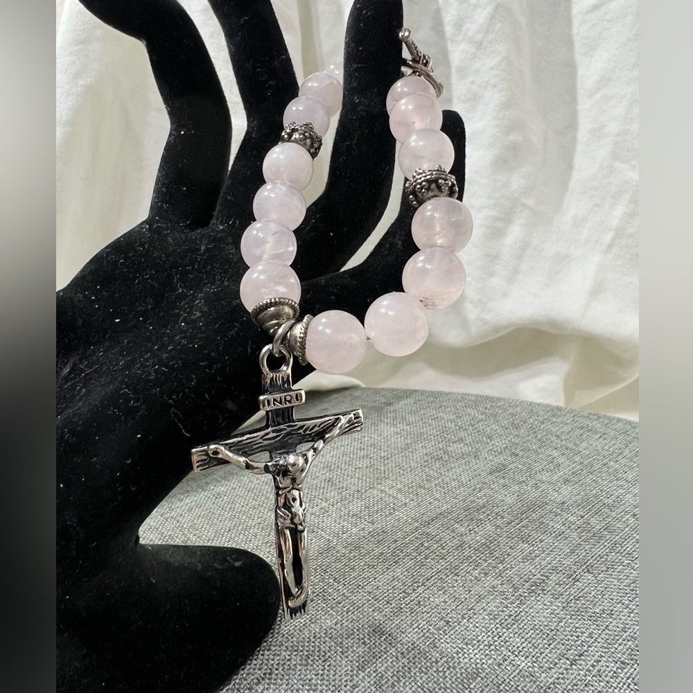Rosary" Bracelet Rose Quartz Stone with Cross Stainless Steel Silver ☑️ - Picture 2 of 14